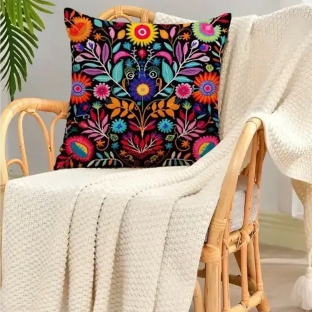 Vibrant Boho Floral Pillow Covers – Set of 4 – Colorful Folk Art Prints 18x18